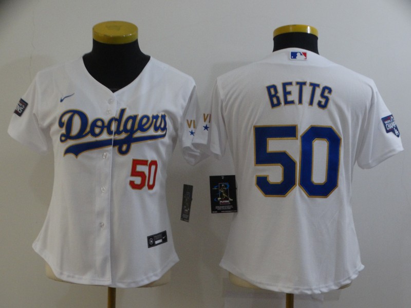 Women's Los Angeles Dodgers #50 Mookie Betts White Gold Championship Cool Base Stitched Jersey(Run Small) Women's Los Angeles Dodgers #50 Mookie Betts White Gold Championship Cool Base Stitched Jersey(Run Small)